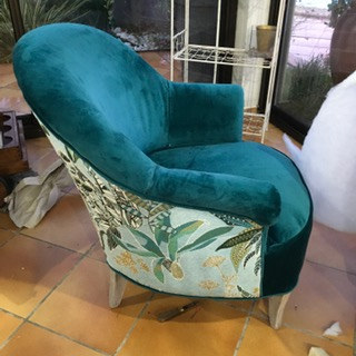 fauteuil crapaud et tissu Maquis,  imprim jardin botanique de Lelivre - tissu vendu par la rime des matieres, bon plan et frais de port offerts