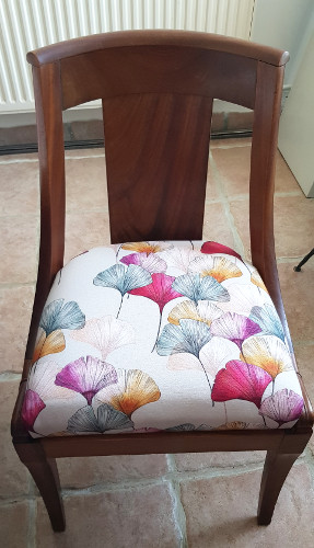 chaise tissu lavable Cline de Thvenon, motif feuilles ginkgo biloba, tissu vendu par la rime des matieres, bon plan tissu et frais de port offerts