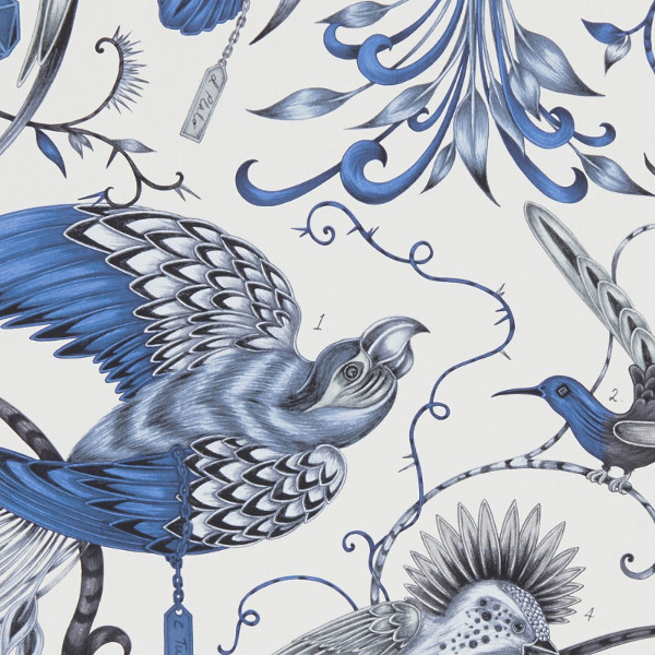 Audubon papier peint revêtement mural intissé lavable pas cher, motif oiseaux exotiques jungle tropicale de Clarke & Clarke vendu par la rime des matieres, bon plan papier peint