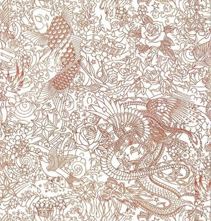 Horimono papier peint revetement mural intissé fantaisie lavable style tatouage de Jean-Paul Gaultier, pour pièce à vivre, salon, chambre, entrée, vendu par la rime des matieres, bon plan papier peint et décor panoramique frais de port offerts  