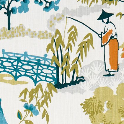 Pagoda tissu ameublement lin mlang motif  design campagne japonaise, de Clarke & Clarke, pour chaise, fauteuil, canap, rideaux et coussins, vendu par la rime des matieres, bon plan tissu