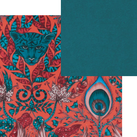 tissus d'ameublement coordonns Amazon Velvet red et Alvar blue bird, tissus Clarke & Clarke, vendus par la rime des matires, bon plan tissu et frais de port offerts