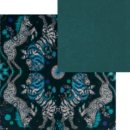 tissus d'ameublement coordonns Caspian Velvet navy et Alvar kingfisher, tissus Clarke & Clarke, vendus par la rime des matires, bon plan tissu et frais de port offerts