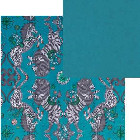 tissus d'ameublement coordonns Caspian Velvet teal et Alvar blue bird, tissus Clarke & Clarke, vendus par la rime des matires, bon plan tissu et frais de port offerts