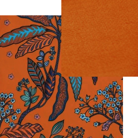 tissus d'ameublement coordonns Bibi mandarine et Amara orange, tissus Thvenon et Casal, vendus par la rime des matires, bon plan tissu et frais de port offerts