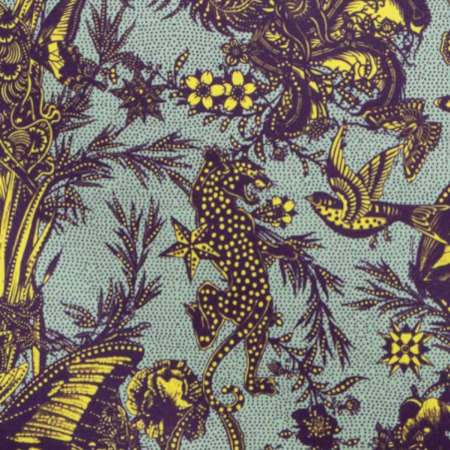 Javanaise tissu d'ameublement lavable et coresponsable de Jean-Paul Gaultier, motif floral animal esprit tatoo, tissu vendu par la rime des matieres, frais de port offert