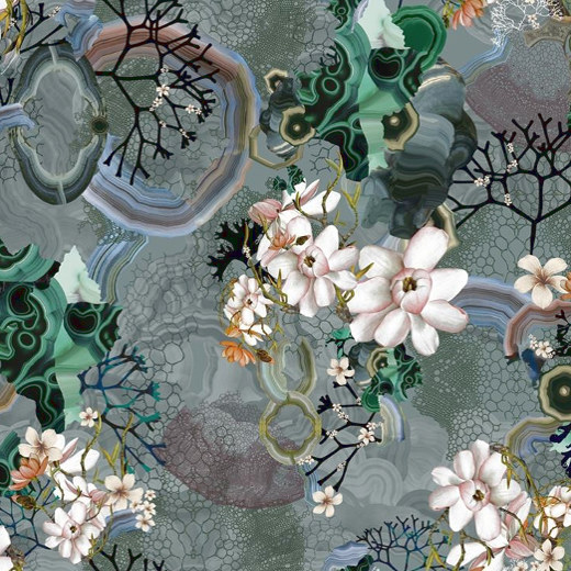 Algae Bloom tissu d'ameublement satin de coton lavable de Christian Lacroix, motif végétal et minéral  paysage imaginaire, pour chaise, fauteuil, canapé, coussin et rideaux, vendu par la rime des matieres bon plan tissu et frais de port offerts