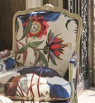 Atlantis tissu d'ameublement satin de coton lavable de Christian Lacroix, motif floral paysage imaginaire, pour chaise, fauteuil, canap, coussin et rideaux, vendu par la rime des matieres bon plan tissu et frais de port offerts