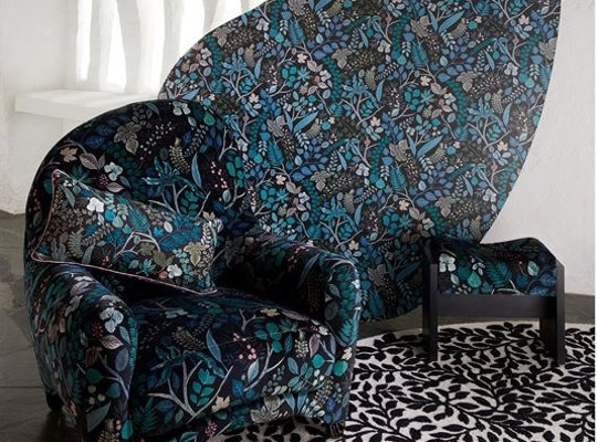 Cueillette Soft tissu ameublement velours motif feuillage de Christian Lacroix,  pour chaise,fauteuil, canapé et et rideaux, vendu par la rime des matieres, bon plan tissu et frais de port offerts