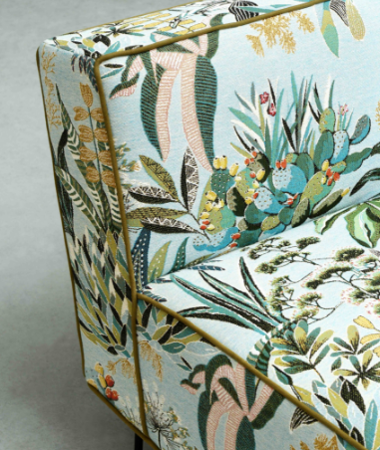 Maquis tissu imprim paysage de Lelivre pour rideaux, fauteuil et canap, tentures et coussins, vendu par la rime des matieres