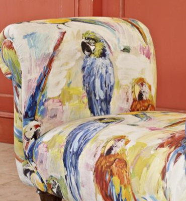 tissu ameublement lavable Macaw de Prestigious textiles, perroquets tropicaux, pour chaise, fauteuil, canap, stores, rideau et coussin, vendu par la rime des matieres, bon plan tissu et frais de port offerts