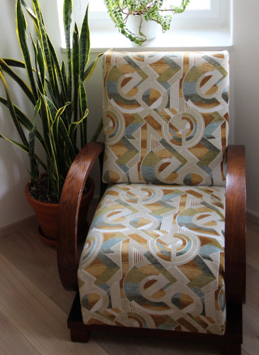 fauteuil Art Dco et tissu Sonia, tissu vendu par la rime des matieres, bon plan tissu et frais de port offerts