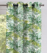 rideau et tissu Palm Springs de Thvenon, motif feuilles de palmier, grande largeur 280 cm, lavable, pour chaise, fauteuil, canap, rideaux et coussins, vendu par la rime des matieres, bon plan tissu et frais de port offerts. 