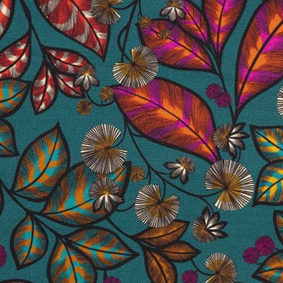 tissu ameublement lavable Rainbow Tree, motif floral vgtal stylis et color, de Thvenon, pour chaise, fauteuil, canap, rideaux et coussins, vendu par la rime des matieres, bon plan tissu et frais de port offerts. 