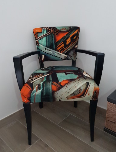 Fauteuil bridge et tissu Fangio de Jean-Paul Gaultier, tissu vendu par la rime des matieres, bon plan et frais de port offerts