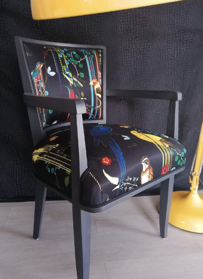fauteuil bridge et tissu Birds Sinfonia de Christian Lacroix, vendu par la rime des matieres, bon plan tissu et frais de port offerts