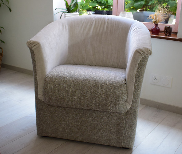 fauteuil tonneau et tissus d'ameublement anti-taches aquaclean Opéra et Skipton de Designers Guild, tissus vendus par la rime des matieres, bon plan tissu et frais de port offerts