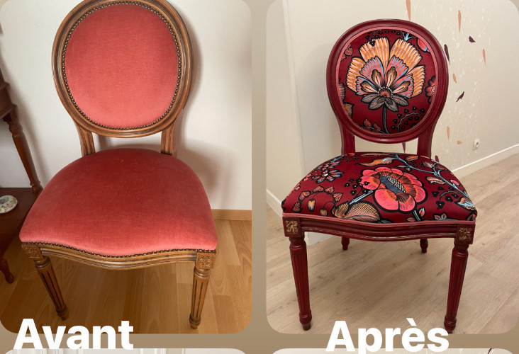 chaise Louis VXi et tissuIndienne Velours de Thvenon, tissu vendu par la rime des matieres, bon plan tissu et frais de port offerts