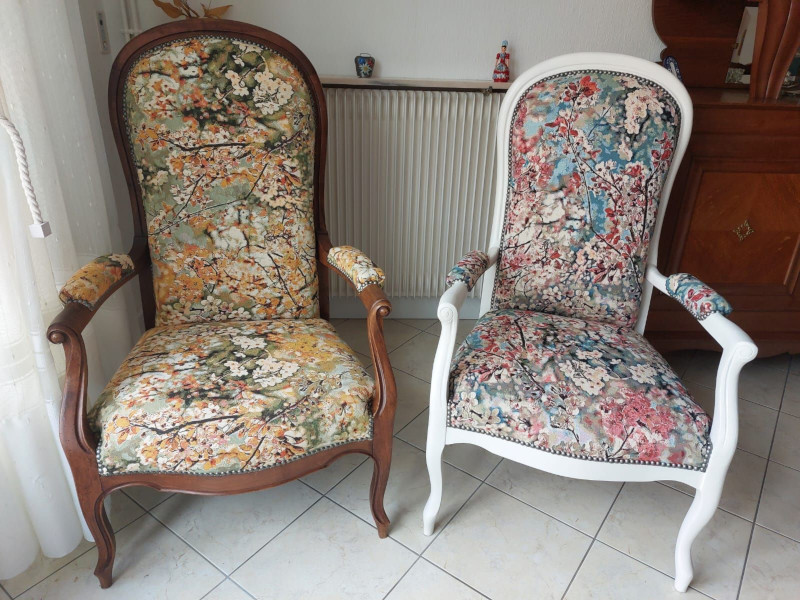 fauteuils voltaire et tissu Sakura de JeanPul Gaultier, tissu vendu par la rime des matieres, bon plan tissu d'ameublememnt et frais de port offerts