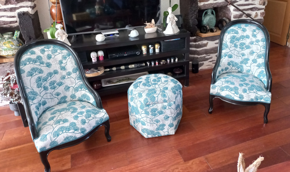 chauffeuses crapaud et tisssu canoas style japonisant, tissu vendu par la rime des matieres, bon plan tissu et frais de port offerts