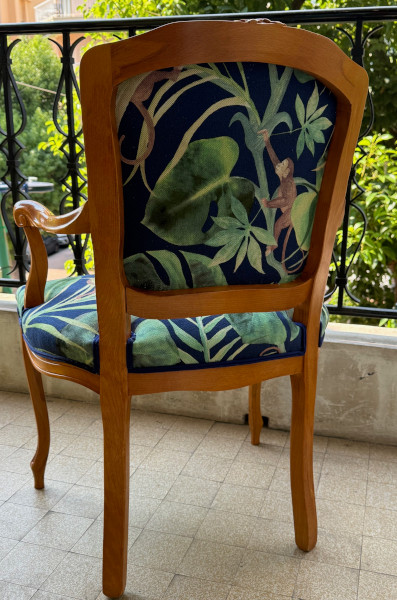 fauteuil cabriolet et tissu Monkey Business motif jungle tropicale, tissu vendu par la rime des matieres, bon plan tissu et frais de port offerts