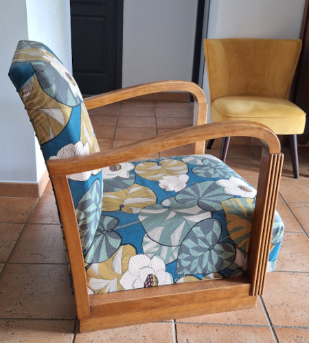 fauteuil Art d�co Vintage et tissu IDRIS 280 coloris moutarde gris, tissu vendu par la rime des matieres, bon plan tissu et frais de port offerts