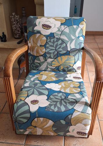 fauteuil Art d�co Vintage et tissu IDRIS 280 coloris moutarde gris, tissu vendu par la rime des matieres, bon plan tissu et frais de port offerts