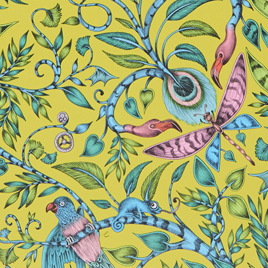 Rousseau papier peint revêtement mural intissé lavable, imprimé jungle tropicale animaux exotiques, de Clarke & Clarke, pour salon, pièce à vivre, entrée et chambre, vendu par la rime des matieres, bon plan papier peint
