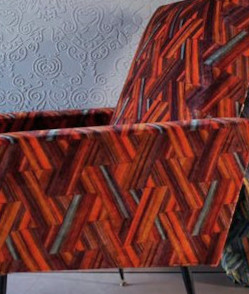 Ardent tissu ameublement velours motif géométrique coloré style Art Déco, de Casal, pour chaise, fauteuil, canapé et coussins, vendu par la rime des matieres, bon plan tissu frais de port offerts