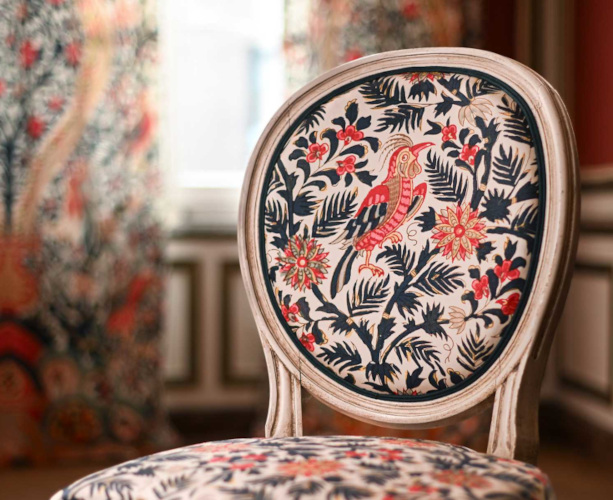Les Perdrix  tissu ameublement percale de coton lavable design végétal et oiseaux colorés, de Casal, pour chaise, fauteuil, canapé, coussins et rideaux, vendu par la rime des matieres, bon plan tissu frais de port offerts