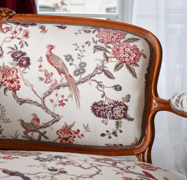 Ramages  tissu ameublement lin m�lang� lavable design v�g�tal et oiseaux color�s, de Casal, pour chaise, fauteuil, canap�, coussins et rideaux, vendu par la rime des matieres, bon plan tissu frais de port offerts