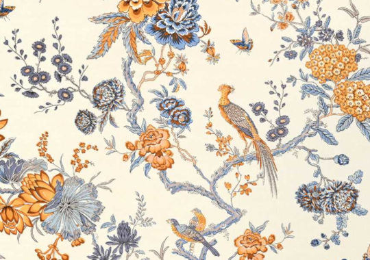 Ramages  tissu ameublement lin mélangé lavable design végétal et oiseaux colorés, de Casal, pour chaise, fauteuil, canapé, coussins et rideaux, vendu par la rime des matieres, bon plan tissu frais de port offerts