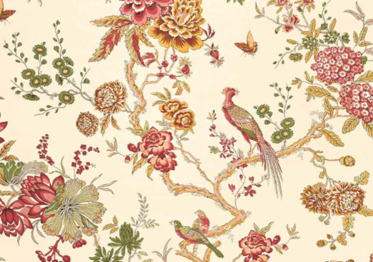 Ramages  tissu ameublement lin mélangé lavable design végétal et oiseaux colorés, de Casal, pour chaise, fauteuil, canapé, coussins et rideaux, vendu par la rime des matieres, bon plan tissu frais de port offerts