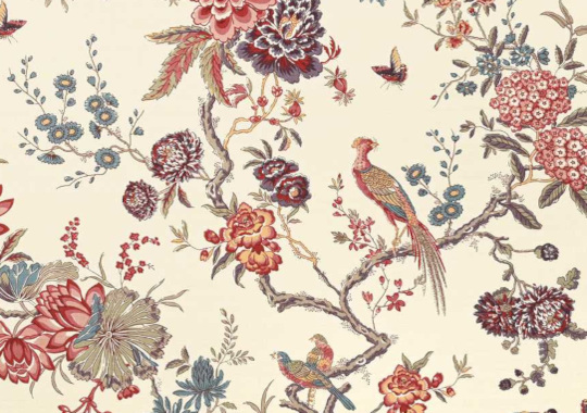 Ramages  tissu ameublement lin mélangé lavable design végétal et oiseaux colorés, de Casal, pour chaise, fauteuil, canapé, coussins et rideaux, vendu par la rime des matieres, bon plan tissu frais de port offerts