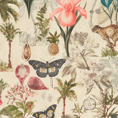tissu ameublement Botany design floral végétal et animal, de Clarke & Clarke, pour chaise, fauteuil, canapé, rideaux et coussins, vendu par la rime des matieres, bon plan tissu