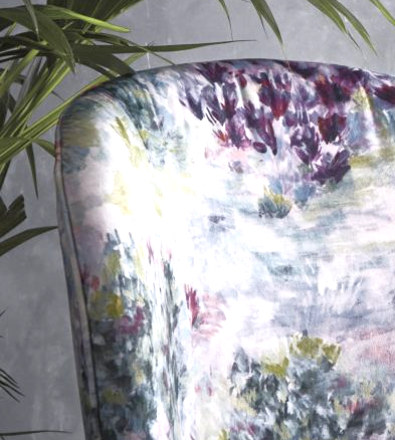 tissu ameublement velours Fiore design aquarelle, de Clarke & Clarke, pour chaise, fauteuil, canapé, rideaux et coussins, vendu par la rime des matieres, bon plan tissu