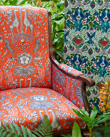 Kruger tissu  imprimé animalier tropical pour chaise, fauteuil, canapé, jeté de lit et rideaux, de Clarke & Clarke, vendu par la rime des matieres, bon plan tissu