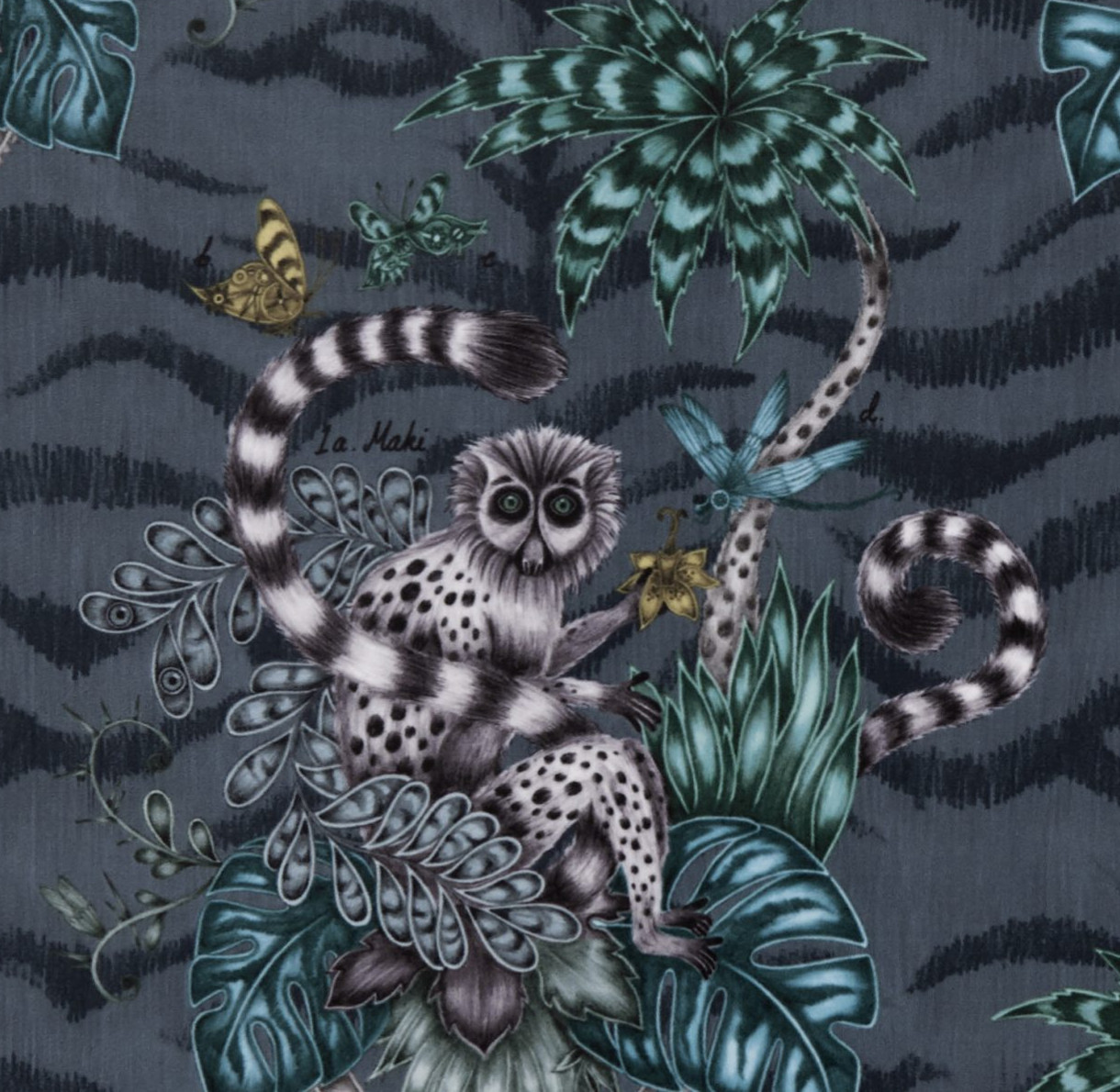 Lemur velvet tissu ameublement velours lavable imprimé animalier tropical de Clarke & Clarke pour chaise fauteuil canapé rideau et jetés de lit vendu par la rime des matieres bon plan tissu