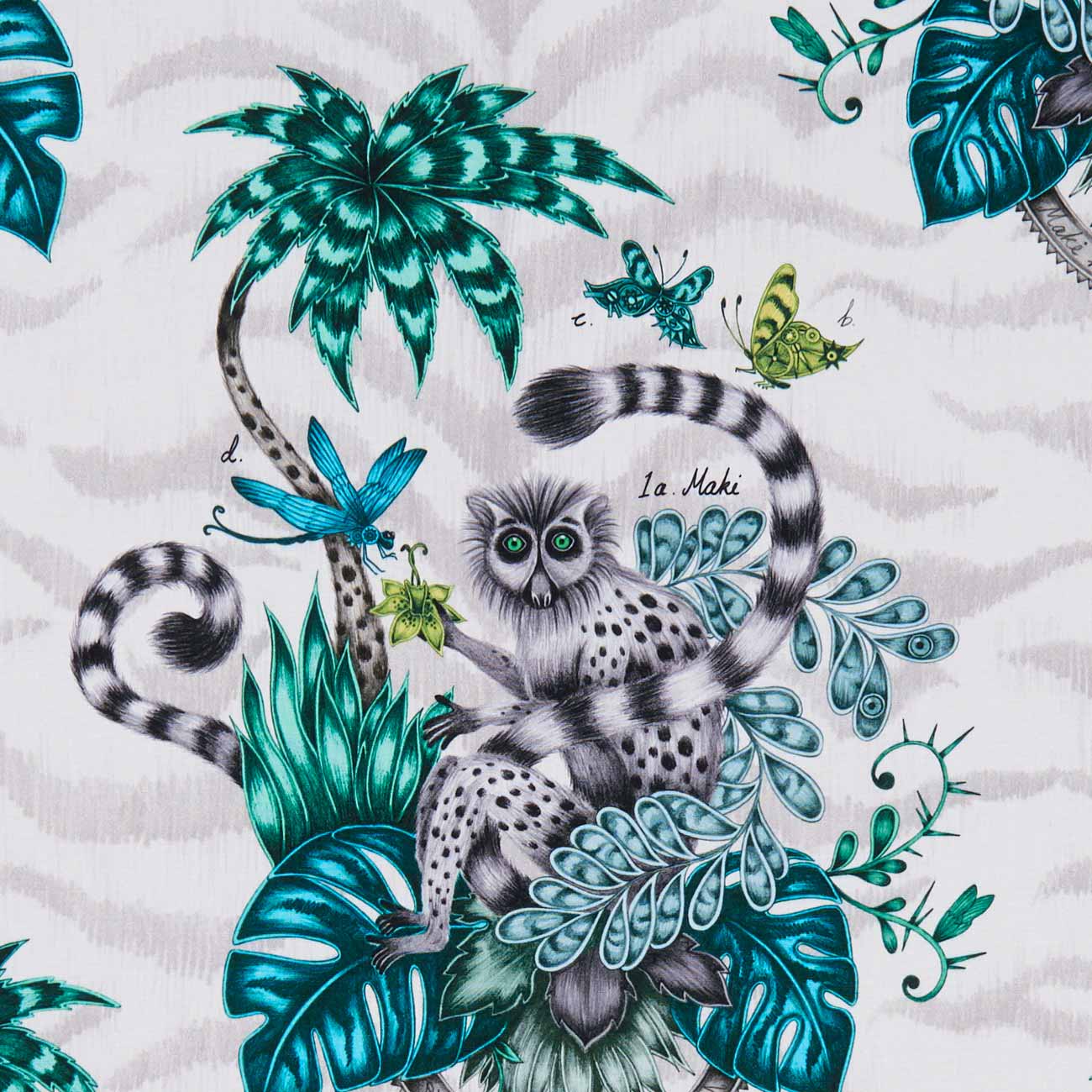 Lemur imprimé tropical animalier pour chaise, fauteuil, canapé, jeté de lit et rideaux, de Clarke & Clarke, vendu par la rime des matieres, bon plan tissu