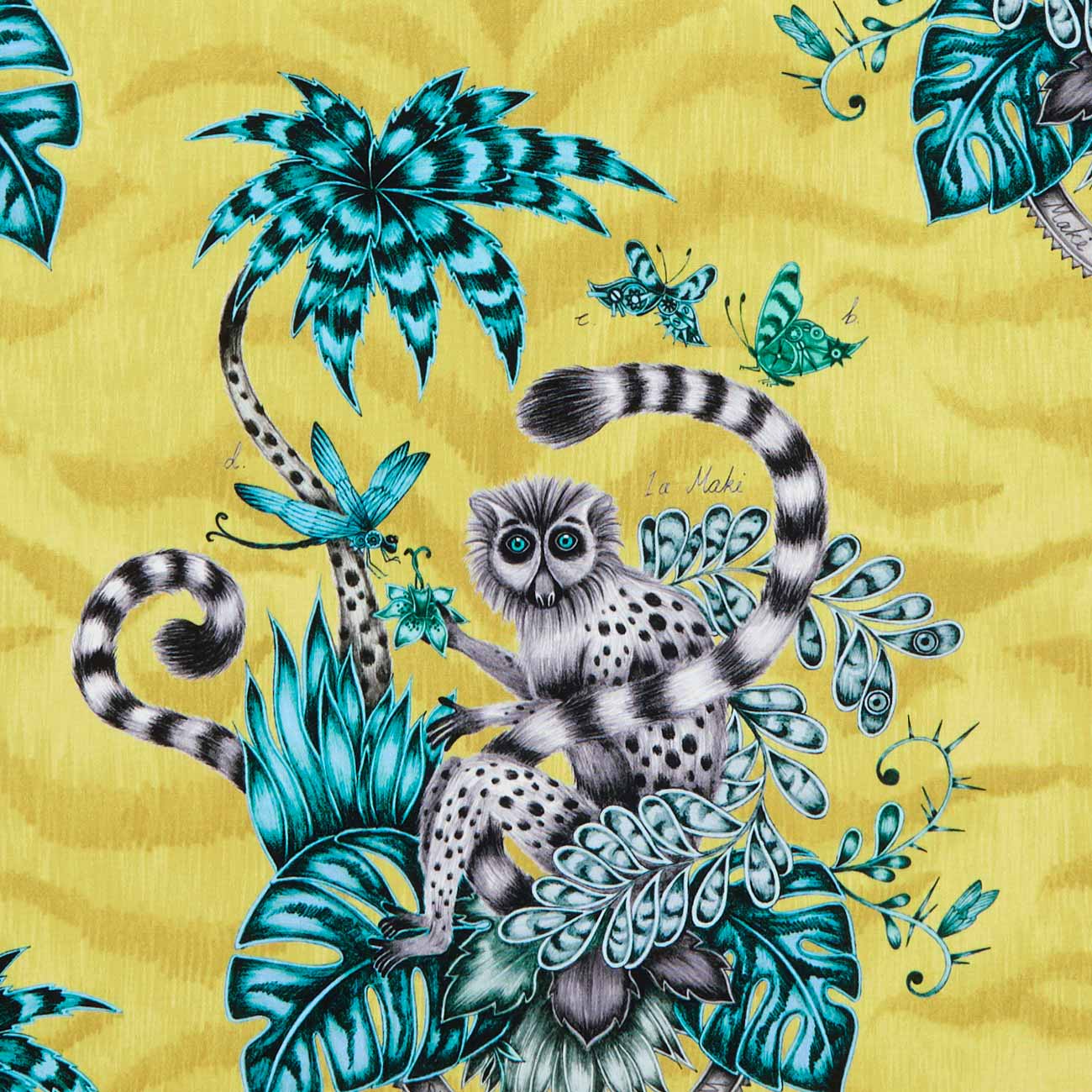 Lemur imprimé tropical animalier pour chaise, fauteuil, canapé, jeté de lit et rideaux, de Clarke & Clarke, vendu par la rime des matieres, bon plan tissu