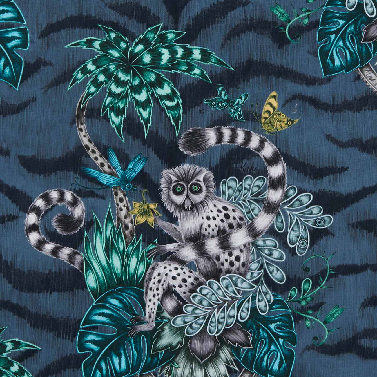 Lemur imprimé tropical animalier pour chaise, fauteuil, canapé, jeté de lit et rideaux, de Clarke & Clarke, vendu par la rime des matieres, bon plan tissu