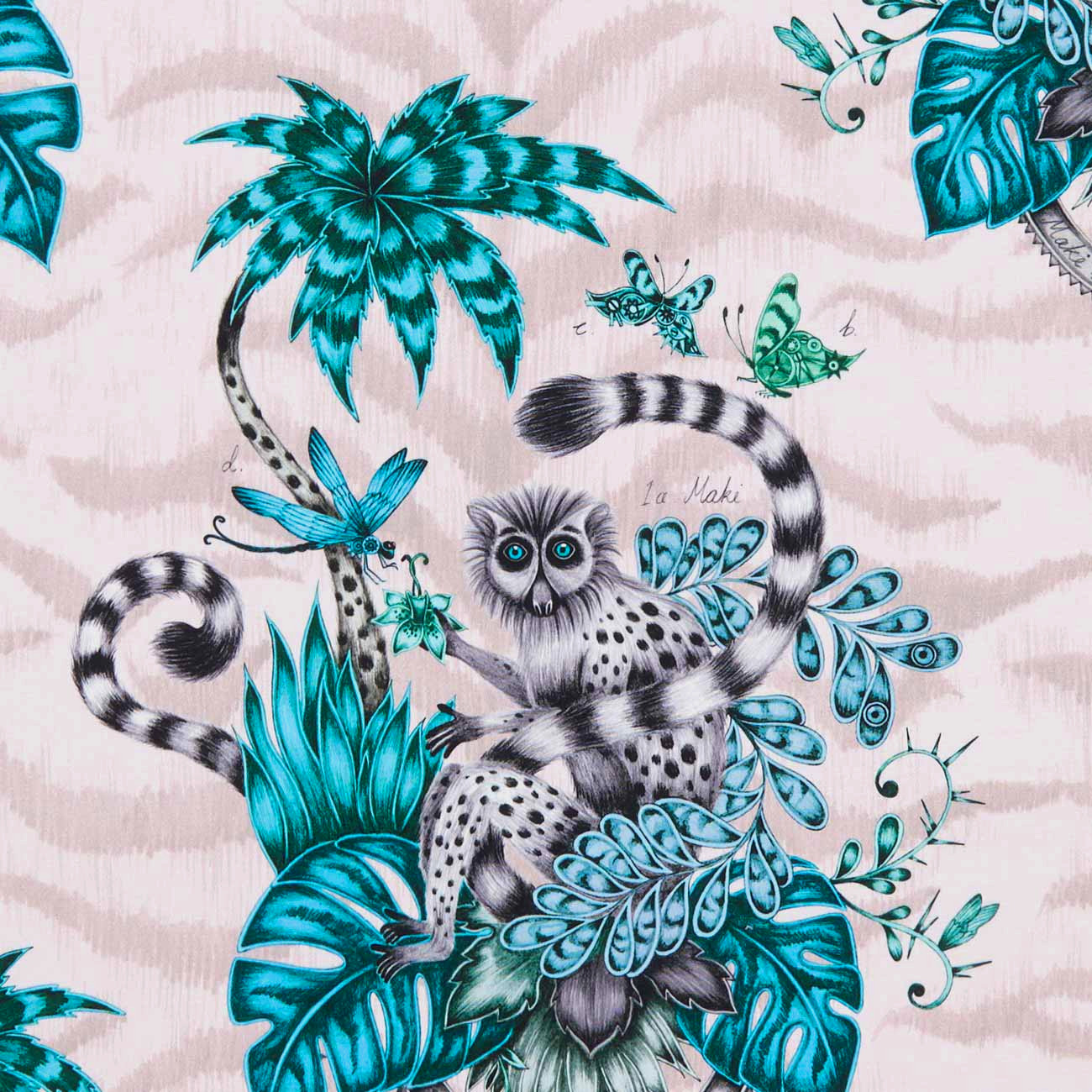 Lemur imprimé tropical animalier pour chaise, fauteuil, canapé, jeté de lit et rideaux, de Clarke & Clarke, vendu par la rime des matieres, bon plan tissu