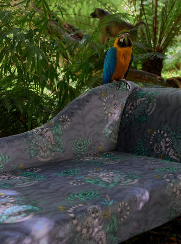 Lemur velours lavable imprimé animalier tropical pour chaise, fauteuil, canapé, jeté de lit et rideaux, de Clarke & Clarke, vendu par la rime des matieres, bon plan tissu