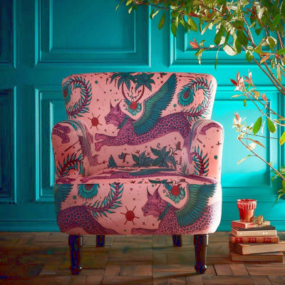 Fauteuil et tissu velours lavable Lynx velvet motif animal de la jungle de Clarke & Clarke, vendu par la rime des matieres, bon plan tissu et frais de port offerts