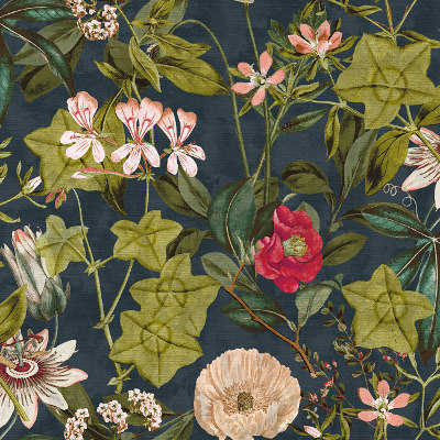 tissu ameublement Passiflora design floral exotique, de Clarke & Clarke, pour chaise, fauteuil, canapé, rideaux et coussins, vendu par la rime des matieres, bon plan tissu