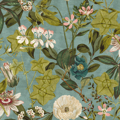 tissu ameublement Passiflora design floral exotique, de Clarke & Clarke, pour chaise, fauteuil, canapé, rideaux et coussins, vendu par la rime des matieres, bon plan tissu