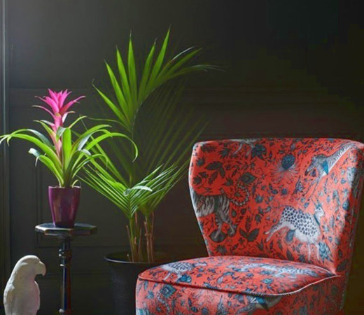 Chaise et tissu velours lavable Protea Velvet motif animal de la jungle de Clarke & Clarke, vendu par la rime des matieres, bon plan tissu et frais de port offerts