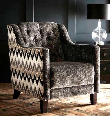 fauteuil tissu Empire velours mosaque chevrons et tissu STUCCO faux uni de Clarke & Clarke vendu par la rime des matieres bon plan tissu