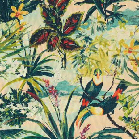 Toucan tissu ameublement imprimé toucan et jungle tropicale, de Clarke & Clarke, pour chaise, fauteuil, canapé, coussins et rideaux, vendu par la rime des matieres, bon plan tissu et frais de port offerts