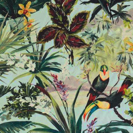 Toucan tissu ameublement imprimé toucan et jungle tropicale, de Clarke & Clarke, pour chaise, fauteuil, canapé, coussins et rideaux, vendu par la rime des matieres, bon plan tissu et frais de port offerts